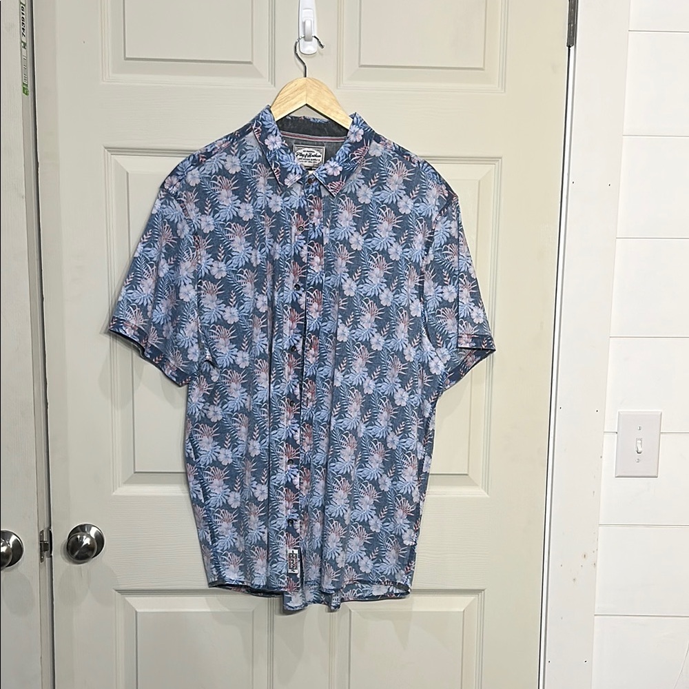Blue and Pink Casual Button Down Shirt with All-Over Print